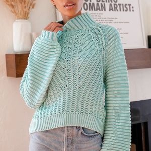 Free People Sweetheart Light Blue Chunky Knit Mock Neck Oversized Sweater